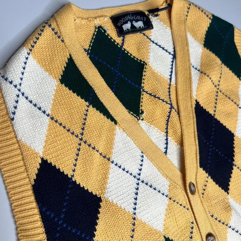 Woods & Gray Sweater Vest Men’s L Tartan Plaid VTG 90s Tennis V-Neck Golf Preppy - Picture 8 of 9